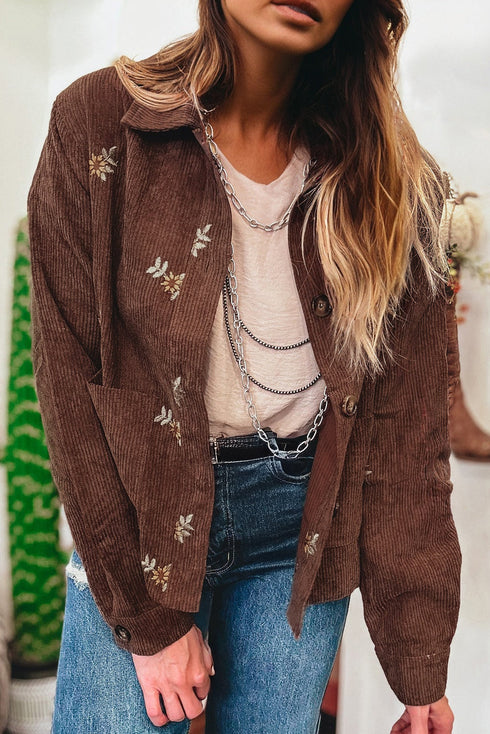 Floral Embroidered Wide Wale Corduroy Button Front Patch Pocket Jacket